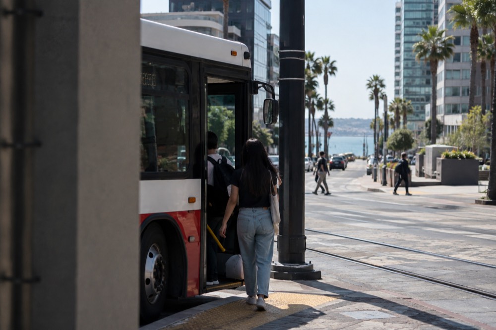 A transit bus stopped at a downtown San Diego street corner near the trolley tracks