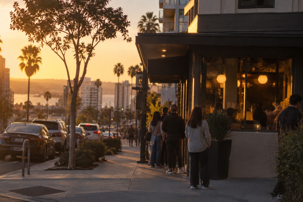 A small corner restaurant with a short line of people waiting outside at dusk