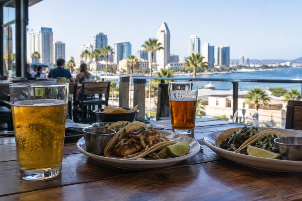Plates of tacos and glasses of beer on a wooden pub table