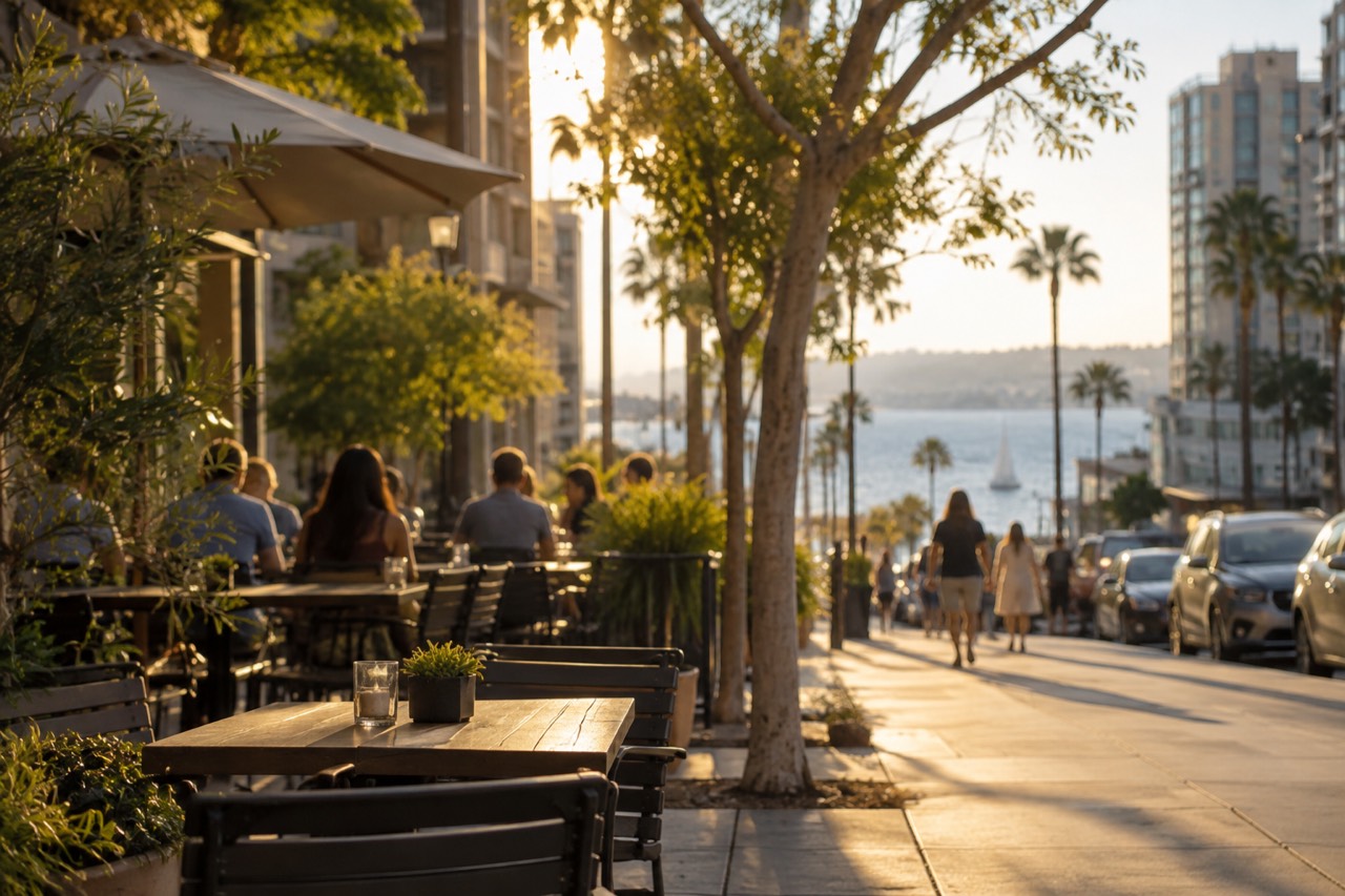 Outdoor patio tables along a tree-lined San Diego street at golden hour