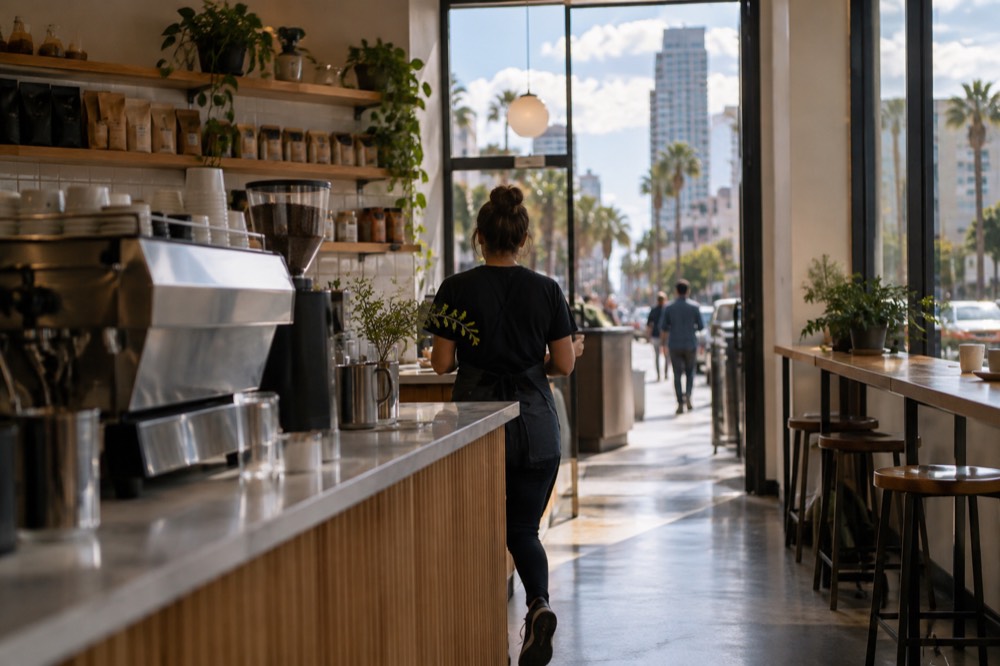 A quiet coffee shop counter with an espresso machine and bags of roasted beans on the shelves