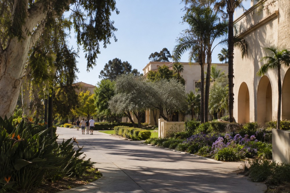 Gardens and museum buildings along a paved walkway in Balboa Park on a clear afternoon