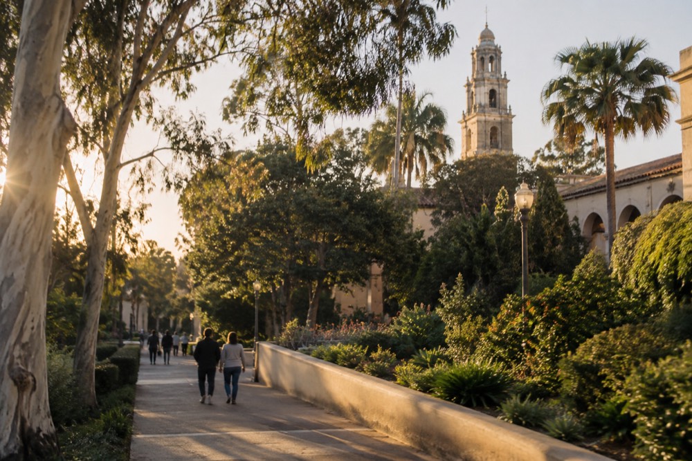 Tree-lined path with a historic tower visible above the gardens in Balboa Park