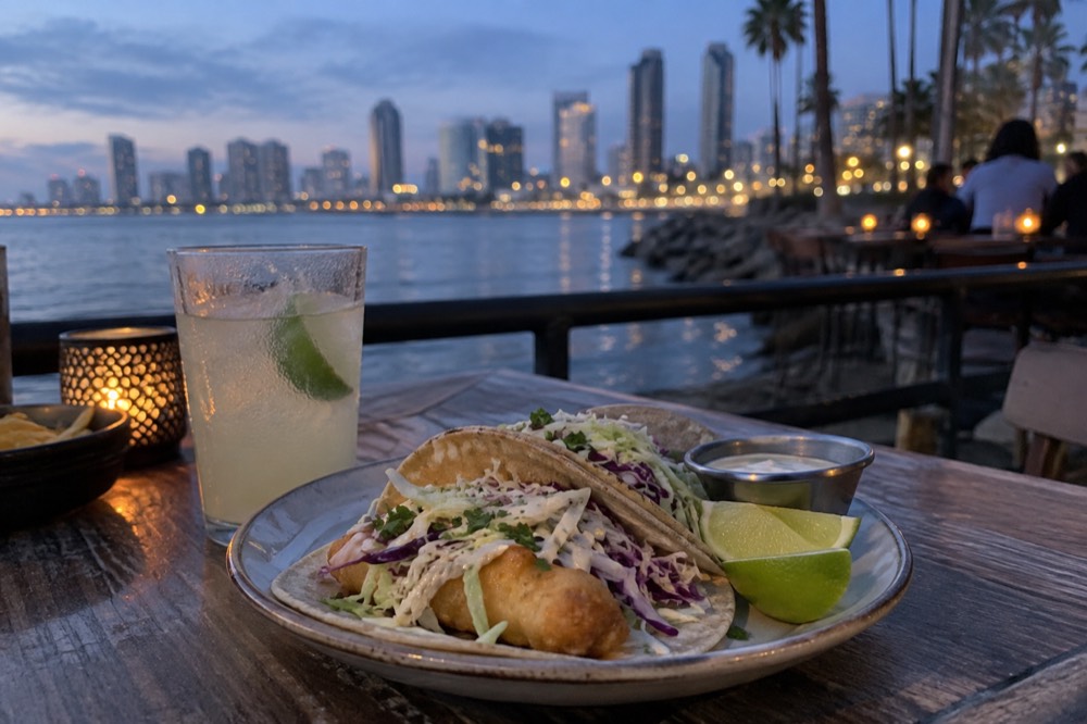 A plate of Baja-style fish tacos with cabbage and lime on a seaside table