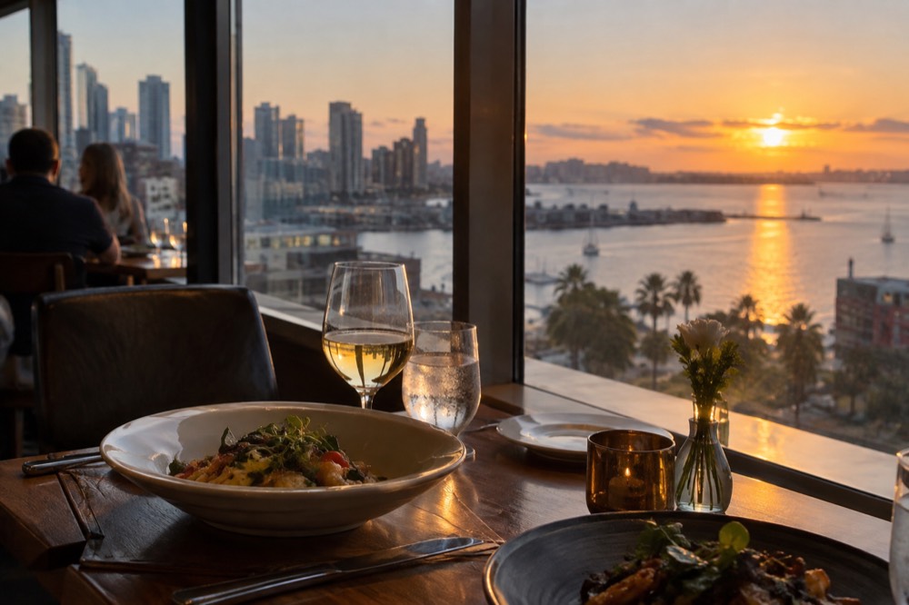 A dinner table beside a window overlooking a bay at sunset