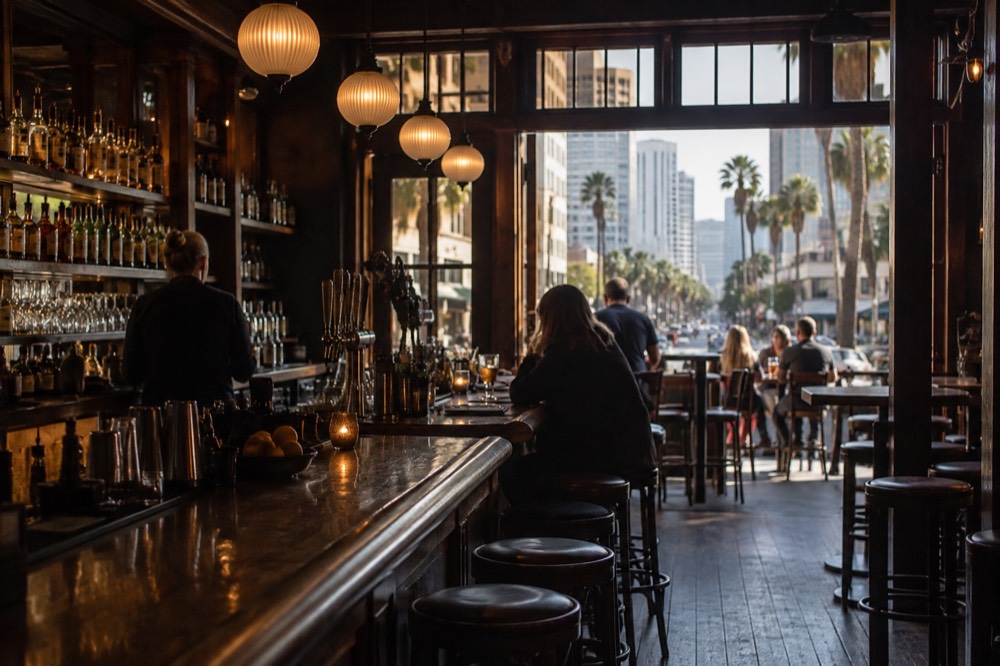 A warmly lit historic bar interior with a long wooden counter and hanging lamps