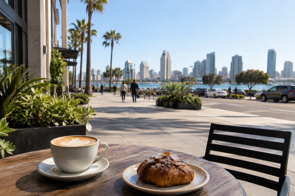 A sidewalk cafe table with a latte and a pastry in morning light