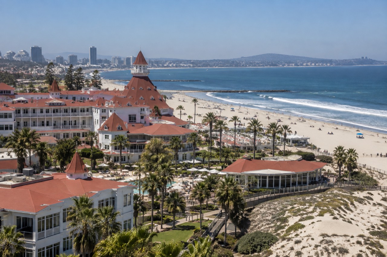 A large red-roofed wooden beachfront hotel beside a wide sandy beach under a clear sky