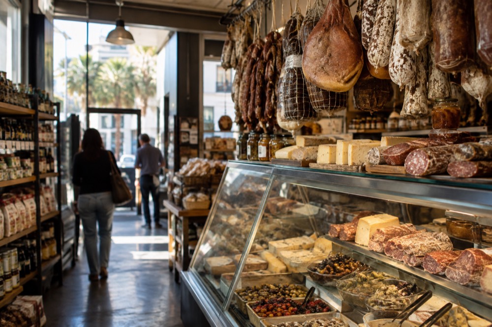 An Italian deli counter with hanging cured meats and shelves of imported goods