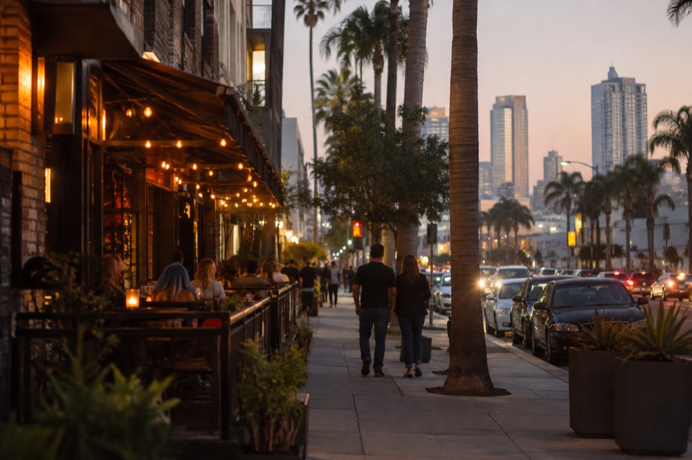 A neighborhood street lined with small bars and glowing patio lights in the evening