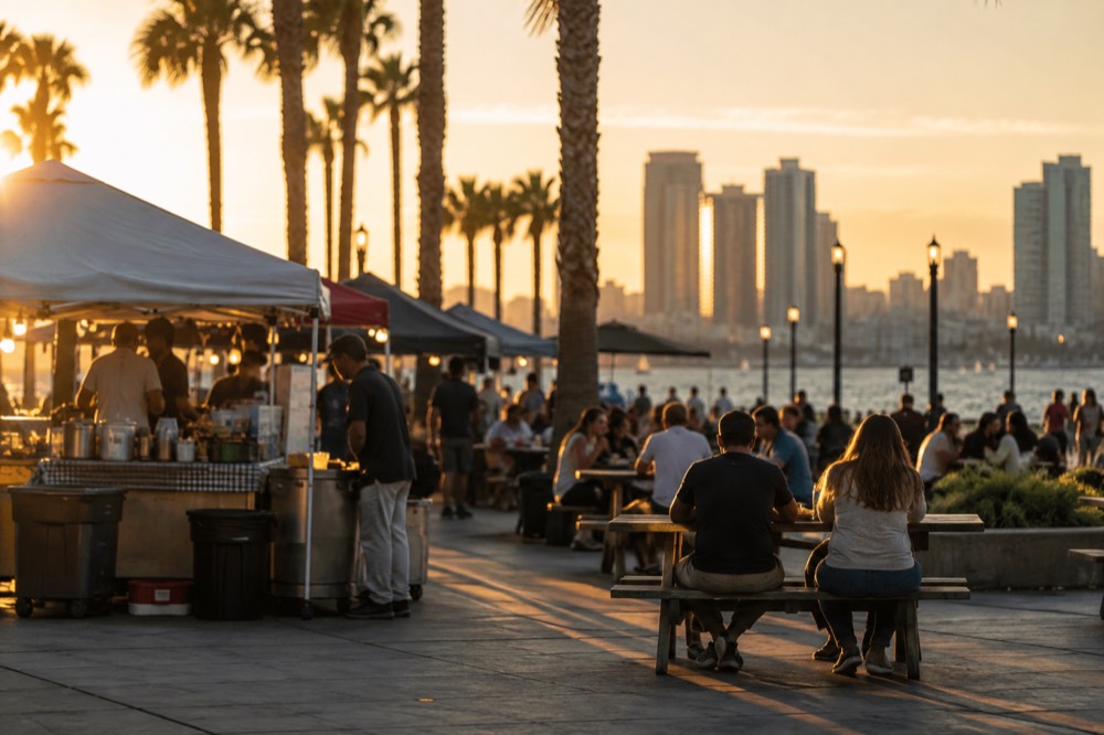 People eating at picnic tables beside a row of food vendor stalls
