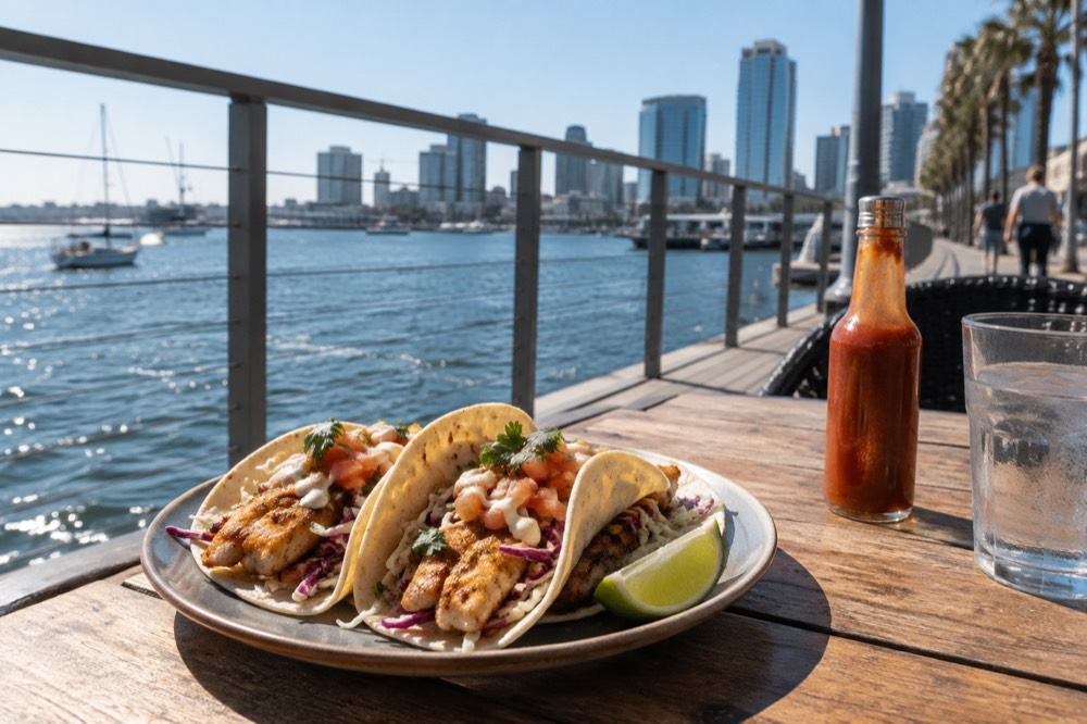 A plate of fish tacos on a wooden table beside a lime wedge and hot sauce