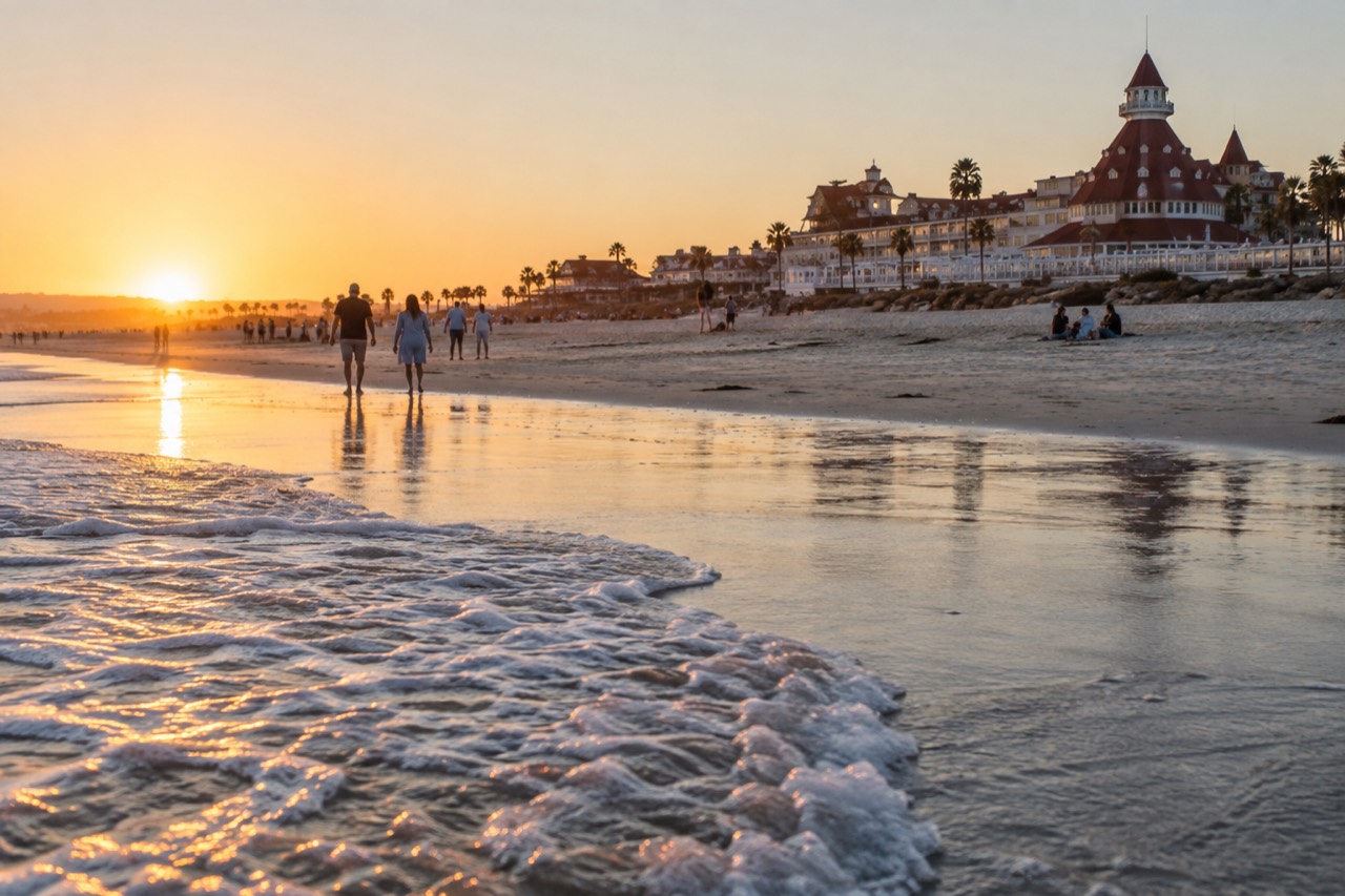 The red-roofed Hotel del Coronado beside the beach at sunset