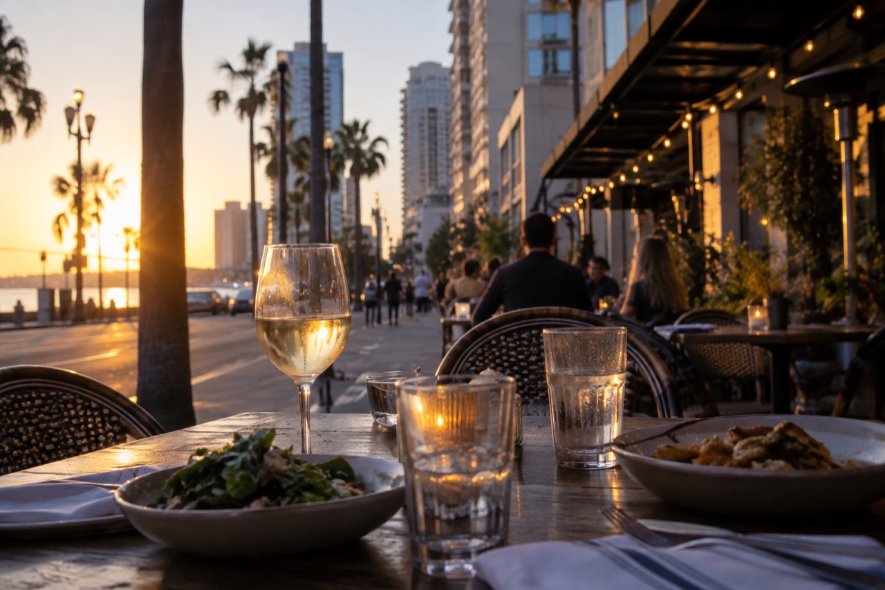 Evening sidewalk tables outside a busy San Diego restaurant with string lights
