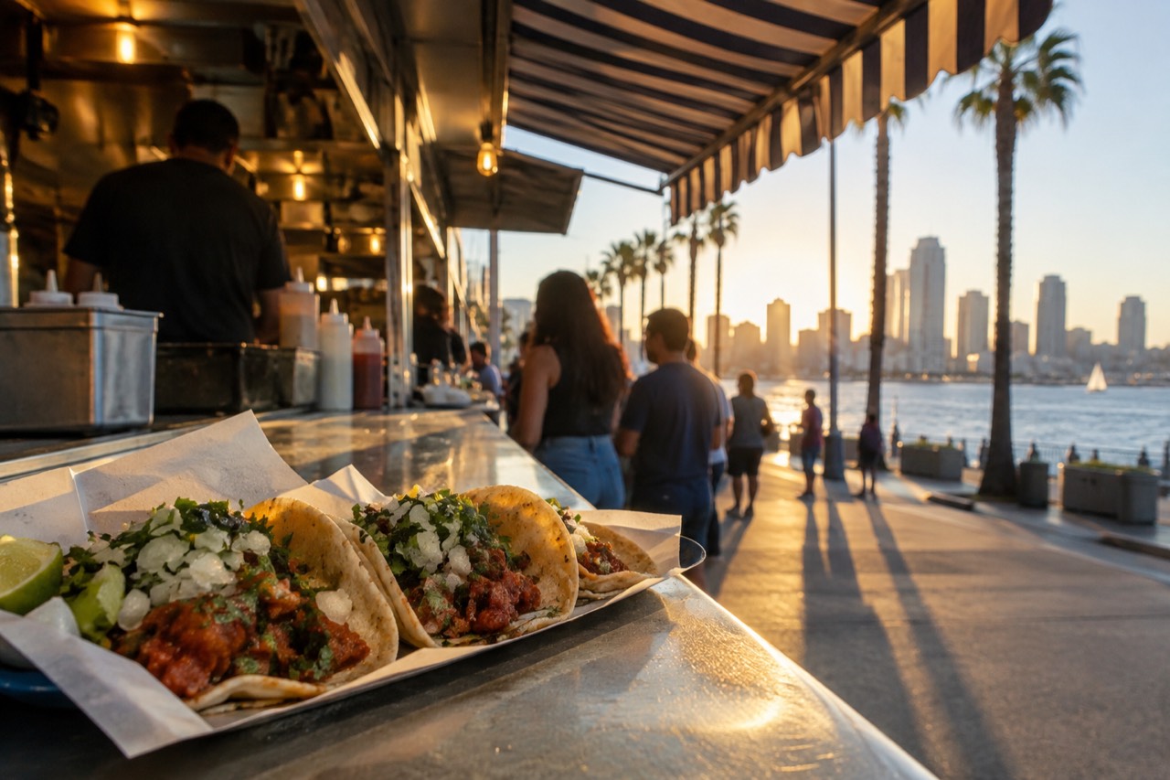 A busy San Diego taco shop counter with a striped awning at golden hour