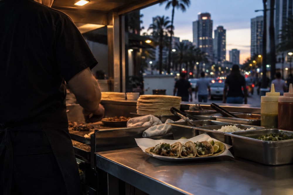 A taco shop counter in San Diego with a menu board and stools