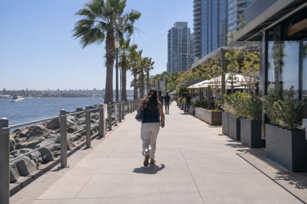 Pedestrian walkway lined with boutique storefronts along San Diego Bay