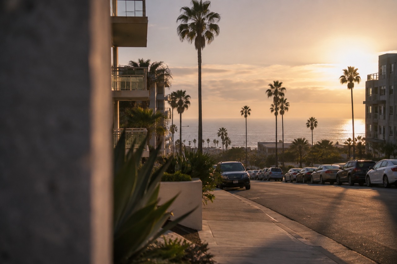 Coastline neighborhood with palm-lined streets and the ocean in the distance at golden hour