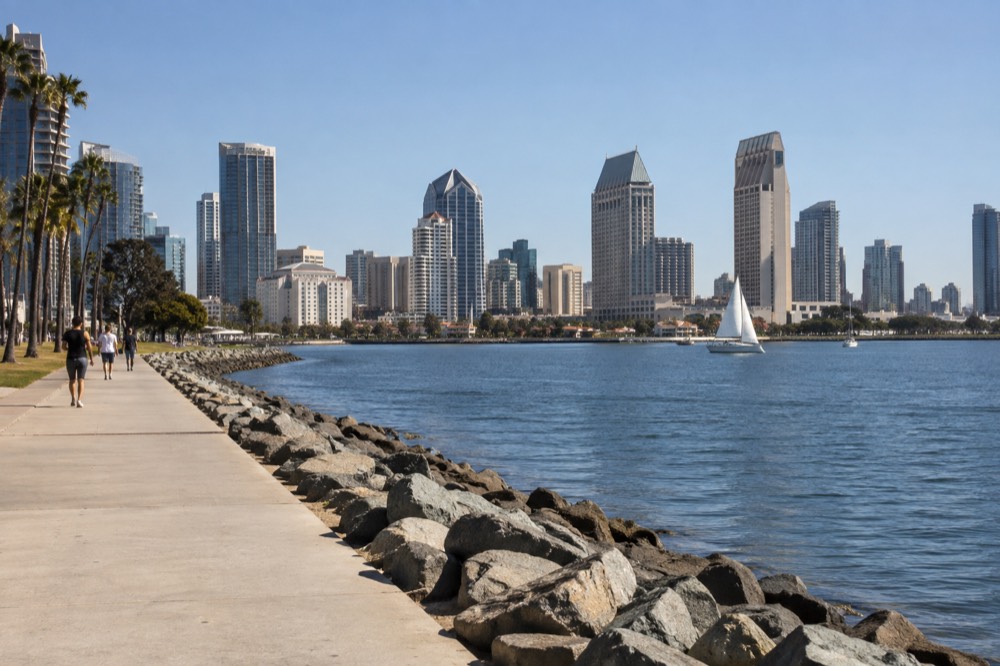 San Diego skyline and waterfront along the Embarcadero on a clear afternoon