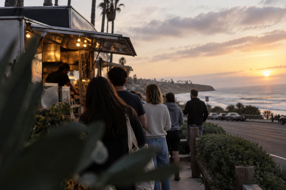 Outdoor taco stand with a line of people along a coastal highway at dusk