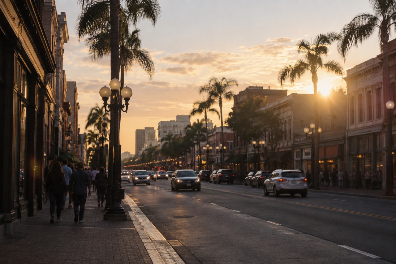 Gaslamp Quarter street at dusk with historic buildings and glowing signs