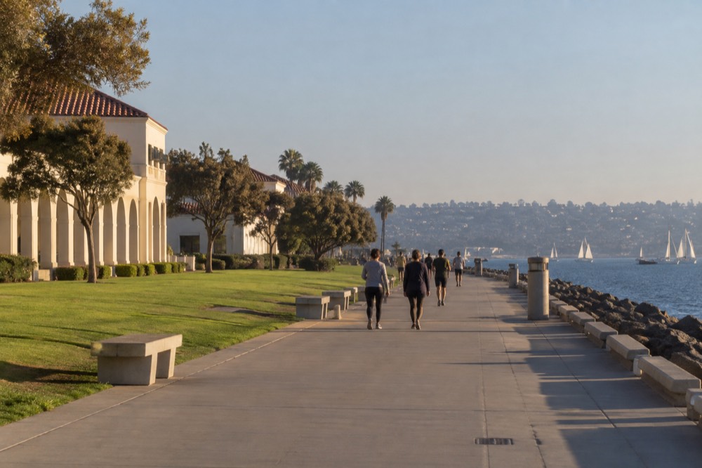 Paved waterfront promenade along the bay with sailboats in the distance