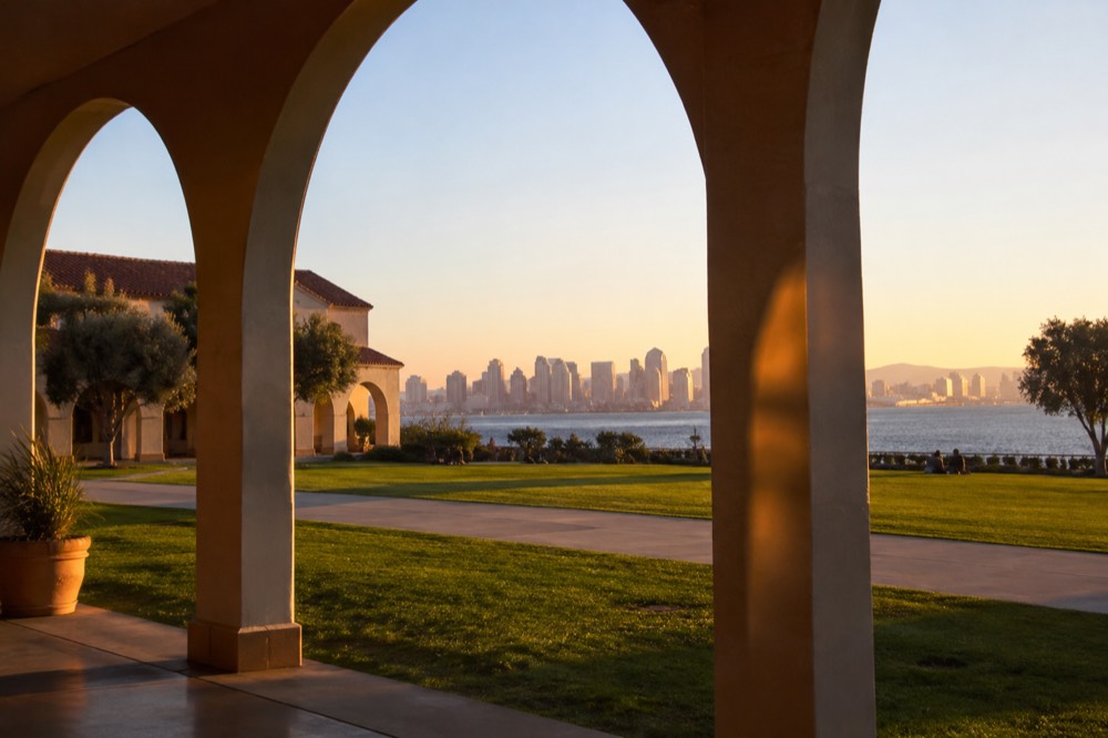 View across San Diego Bay toward the city skyline in late afternoon light