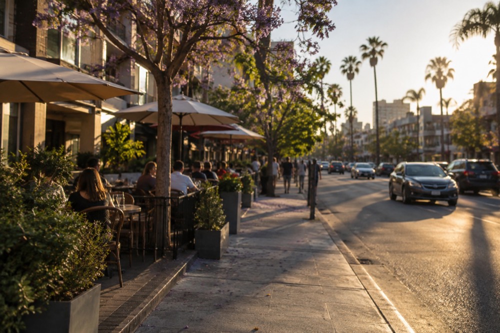 Wide city street lined with palm trees and cafe umbrellas on a sunny afternoon