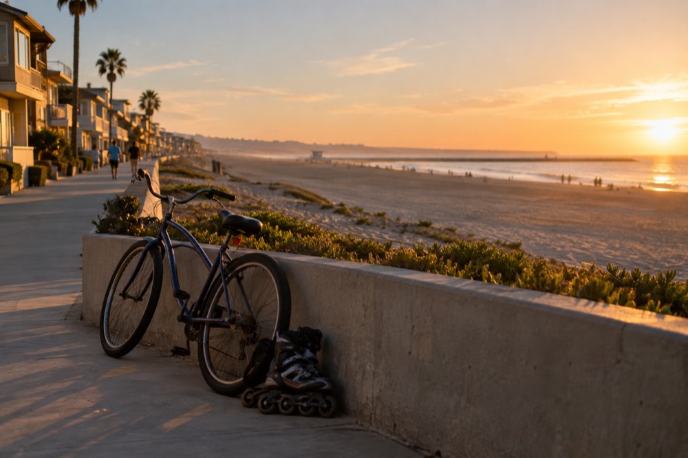 A bicycle and a pair of rollerblades leaning against a low wall beside a beach path