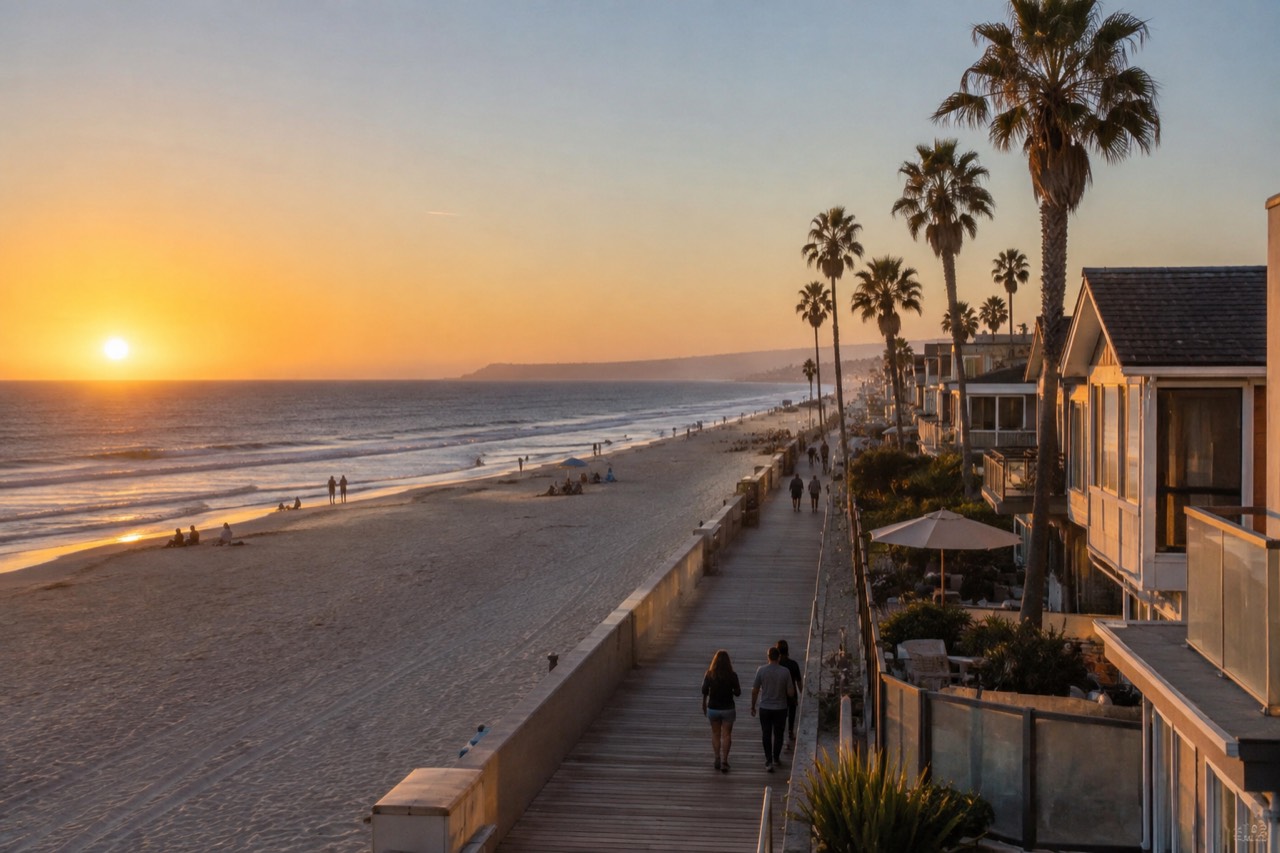 A wide sandy beach with a wooden boardwalk running along the shoreline and palm trees under a clear sky