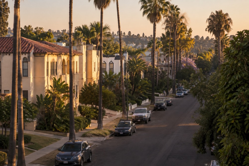 Palm-lined residential street with warm late afternoon light over low apartment buildings
