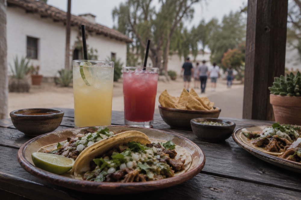 Plates of tacos and glasses of agua fresca on an outdoor restaurant table