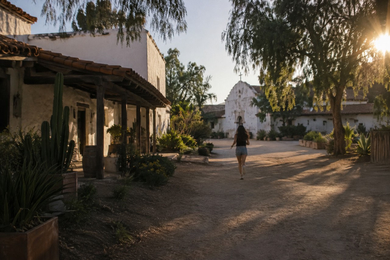 Historic adobe buildings and a plaza under a clear sky in Old Town San Diego