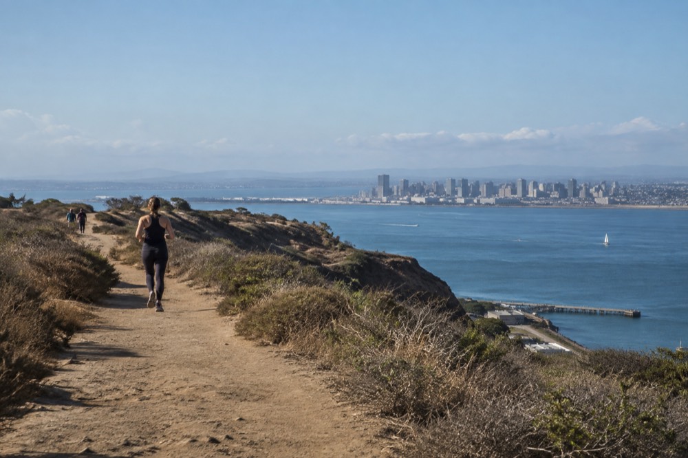 Bayside Trail along the Point Loma headland with San Diego Bay and downtown in the distance