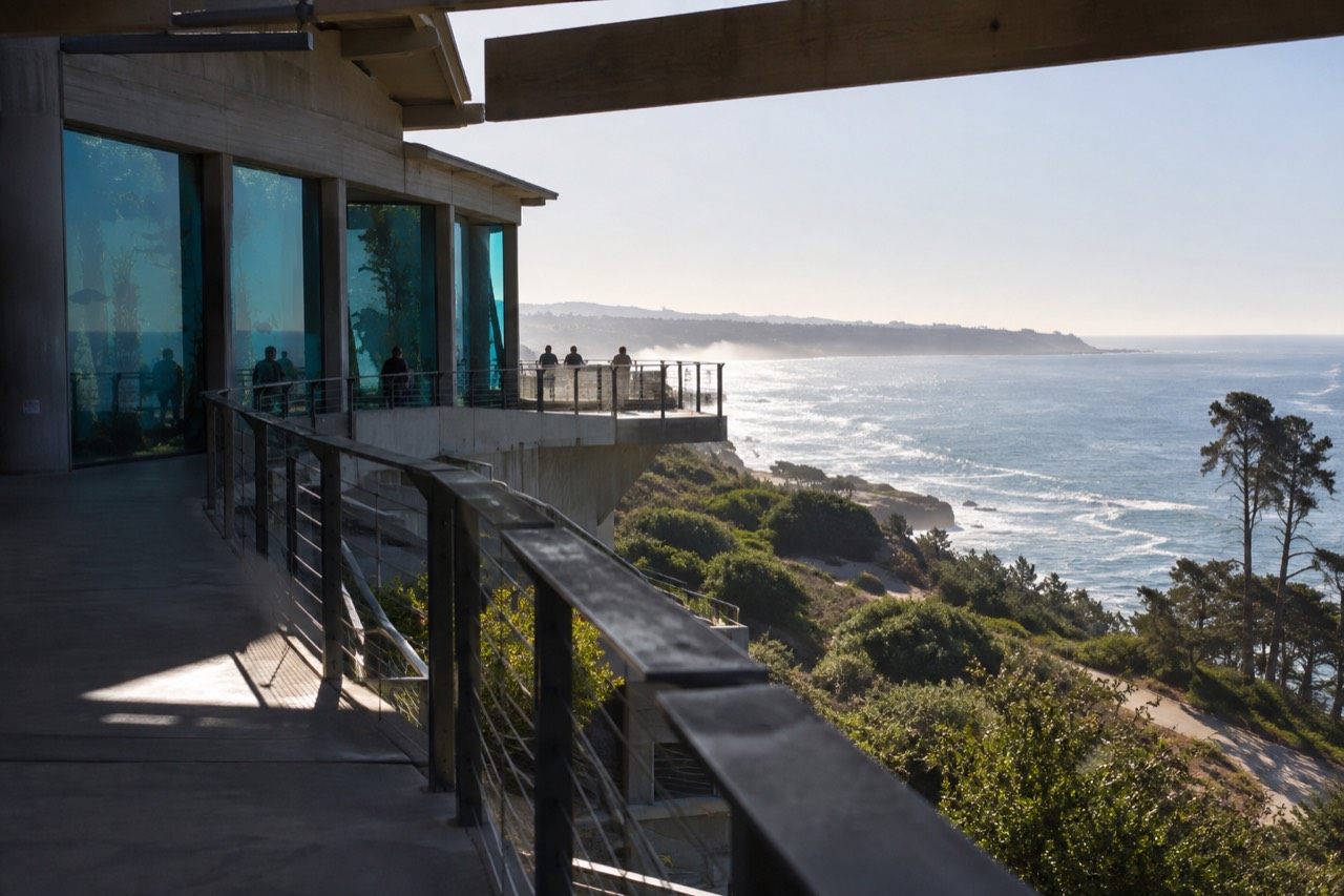 A hillside aquarium building overlooking the Pacific Ocean coastline at La Jolla