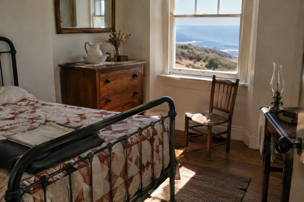 Restored interior of the Old Point Loma Lighthouse with period furnishings