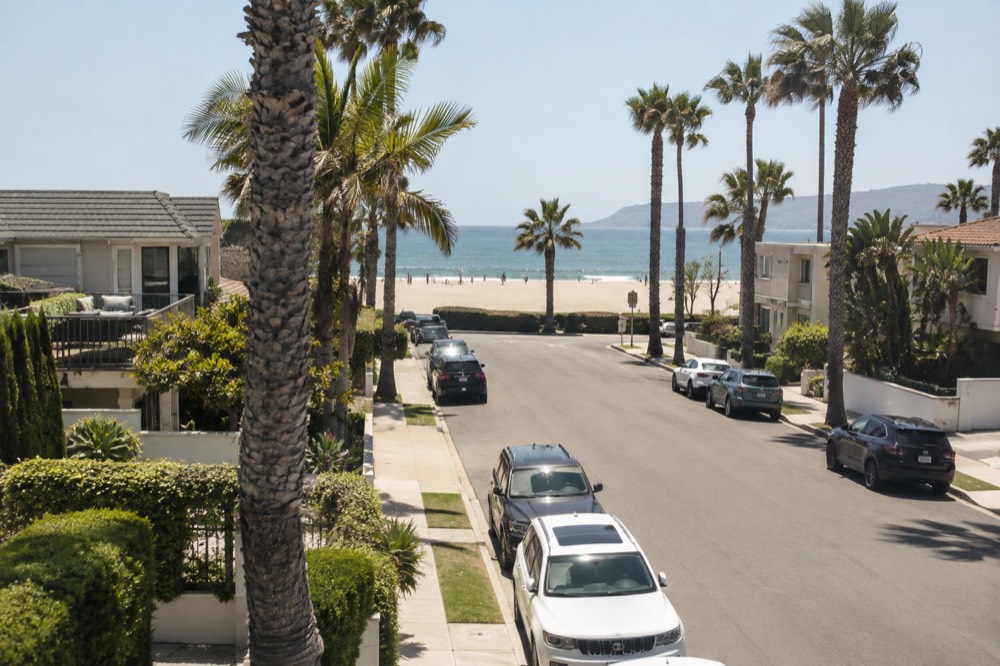 Quiet palm-lined residential street near the beach with parked cars along the curb