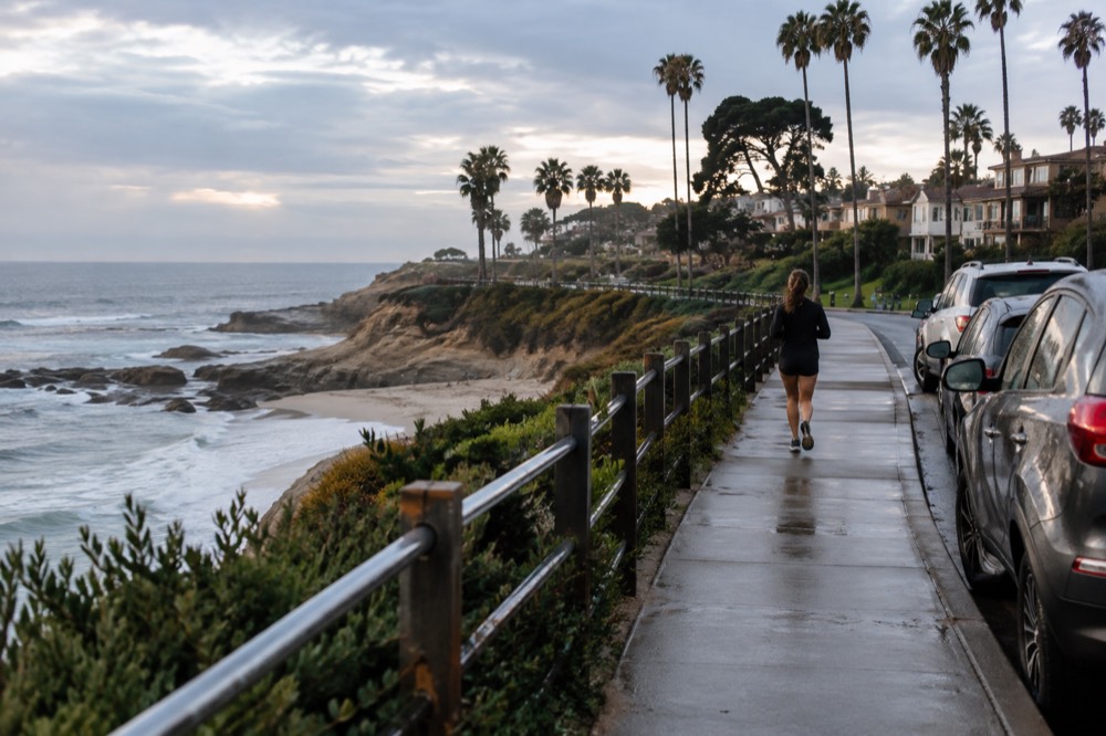 Coastal street with parked cars and palm trees above a small beach cove
