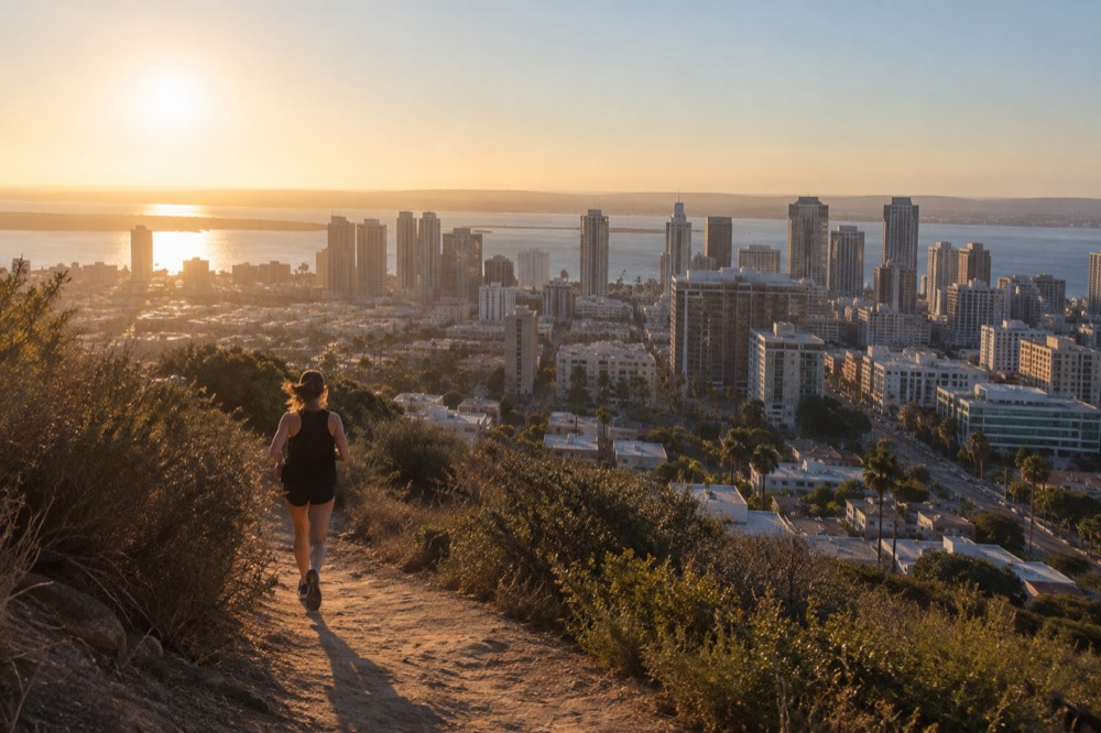 Panoramic hilltop view over rooftops toward the Pacific coastline at golden hour