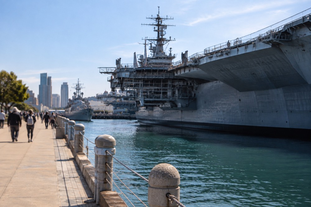 The downtown waterfront promenade with the carrier's bow and moored ships along the pier