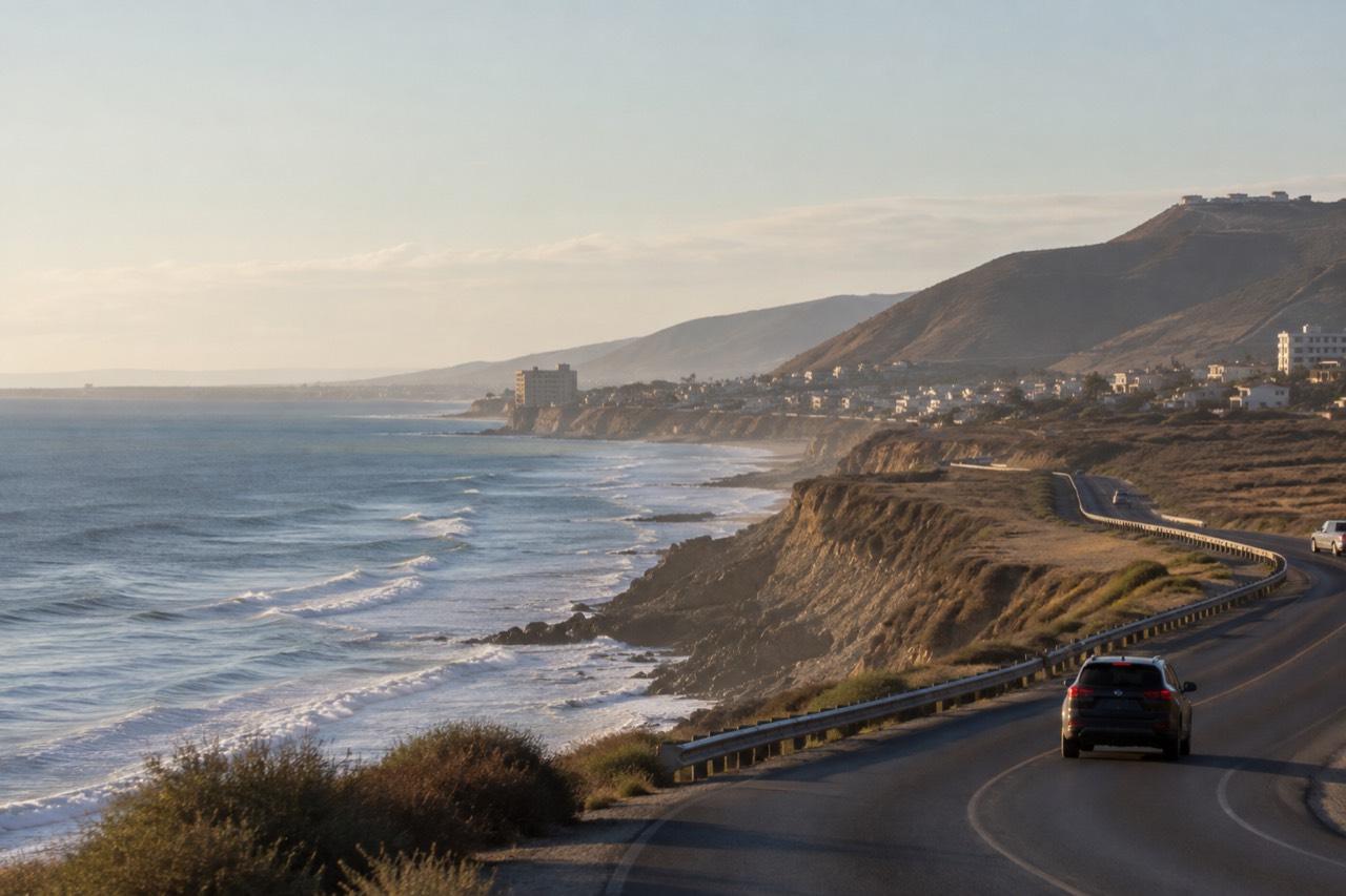 Coastal highway curving along hills above the Pacific Ocean with a Mexican town along the shore