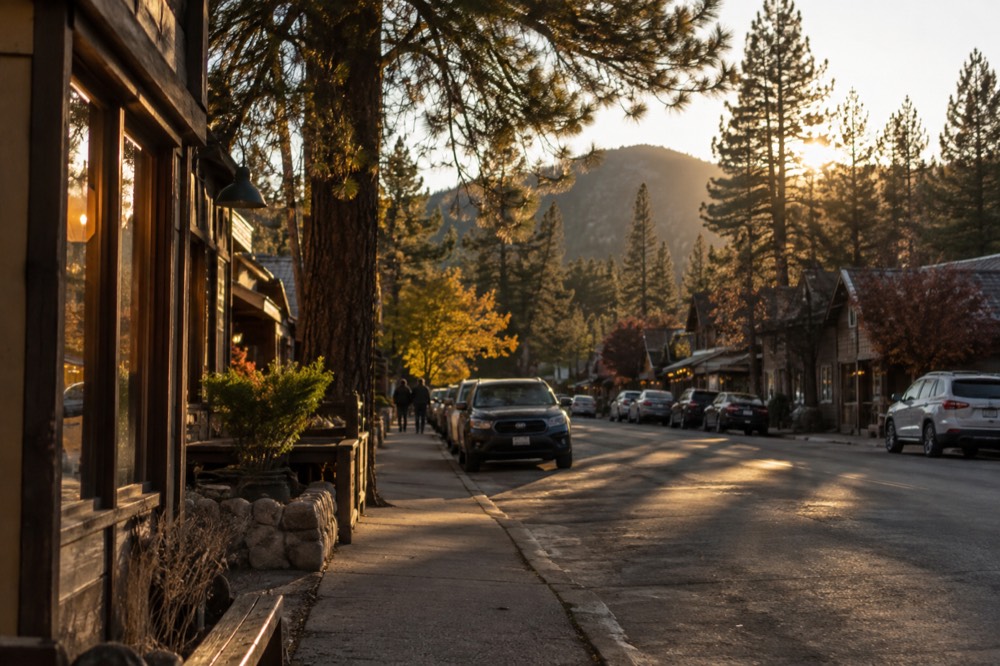 Small mountain village main street with wooden storefronts and pine trees