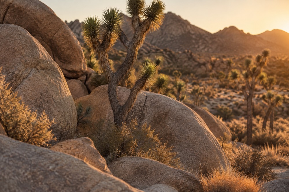 A cluster of rounded granite boulders with Joshua trees growing between them