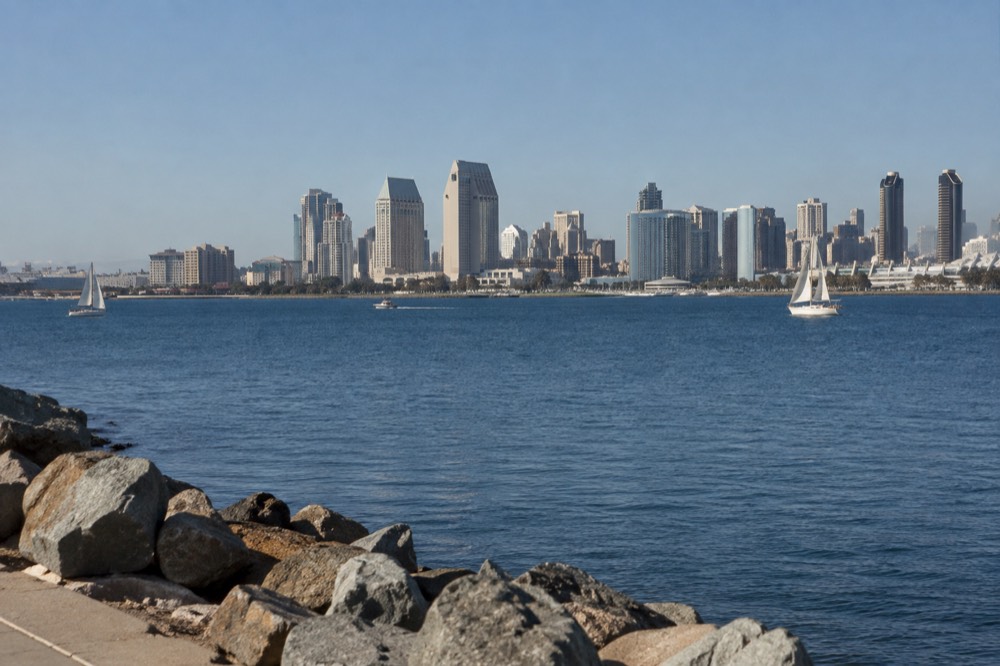 Downtown San Diego skyline seen across the bay on a clear morning