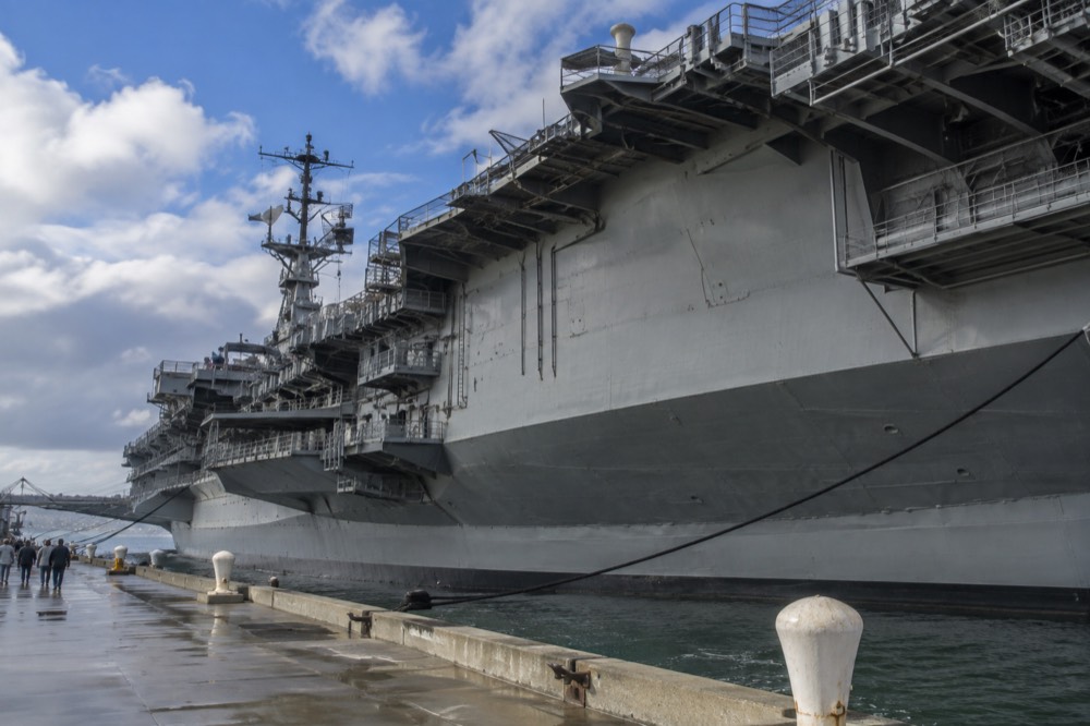 The USS Midway aircraft carrier moored along the San Diego Embarcadero