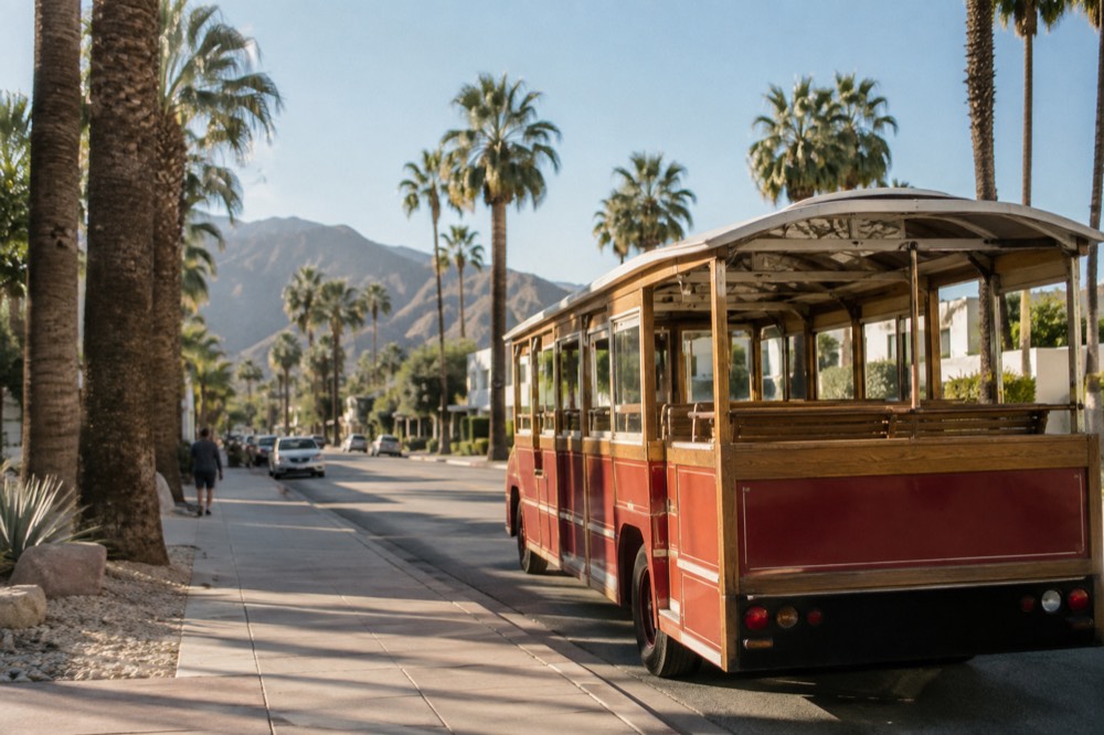 An open-top trolley parked on a sunny city street beside palm trees