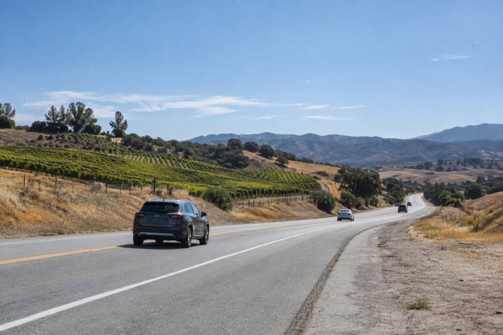 A highway cutting through golden hills under a wide blue sky