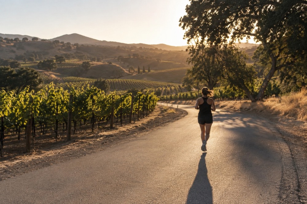 A country road winding between vineyards and oak-dotted hills at golden hour