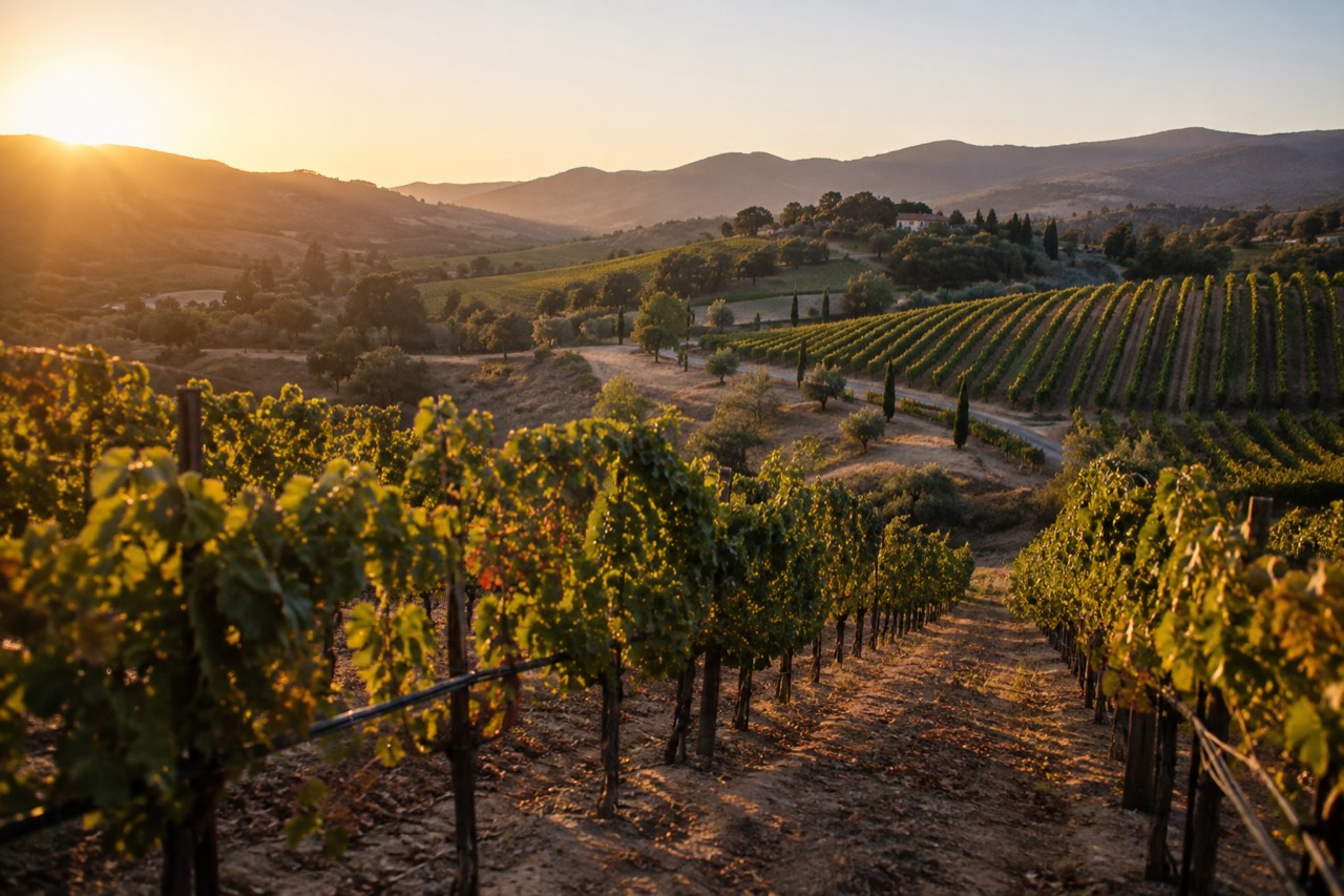 Rows of grapevines on rolling hills under a clear sky in Temecula wine country