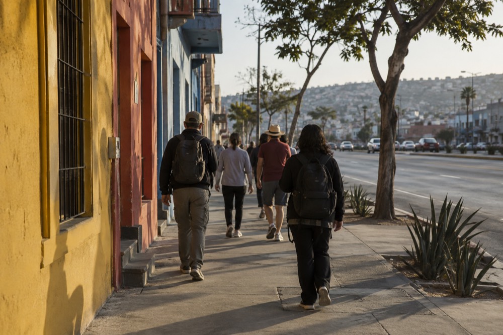 Small group of tour participants walking with a guide along a colorful city street